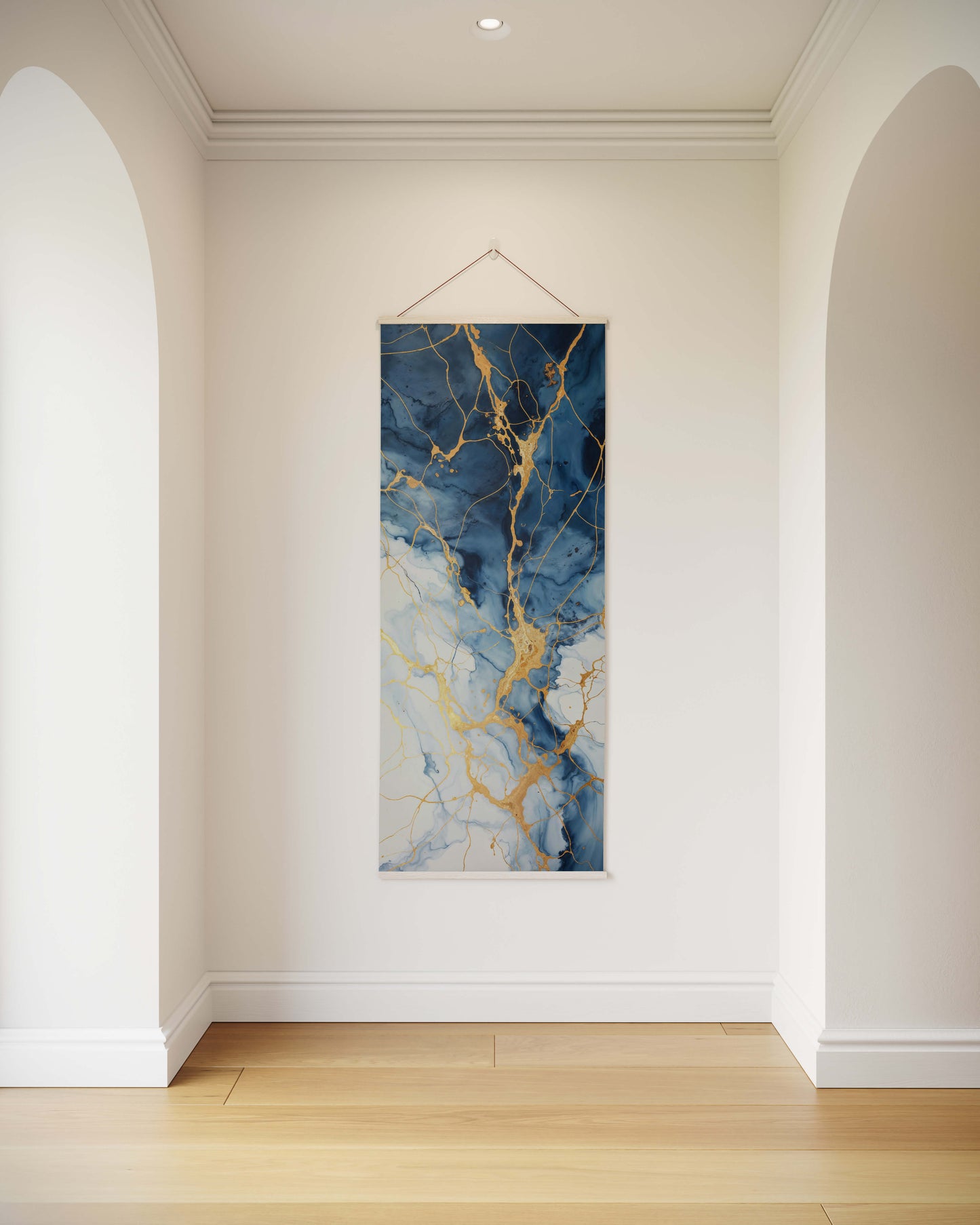 Marble-patterned art piece hanging on a wall in a room with wooden flooring.