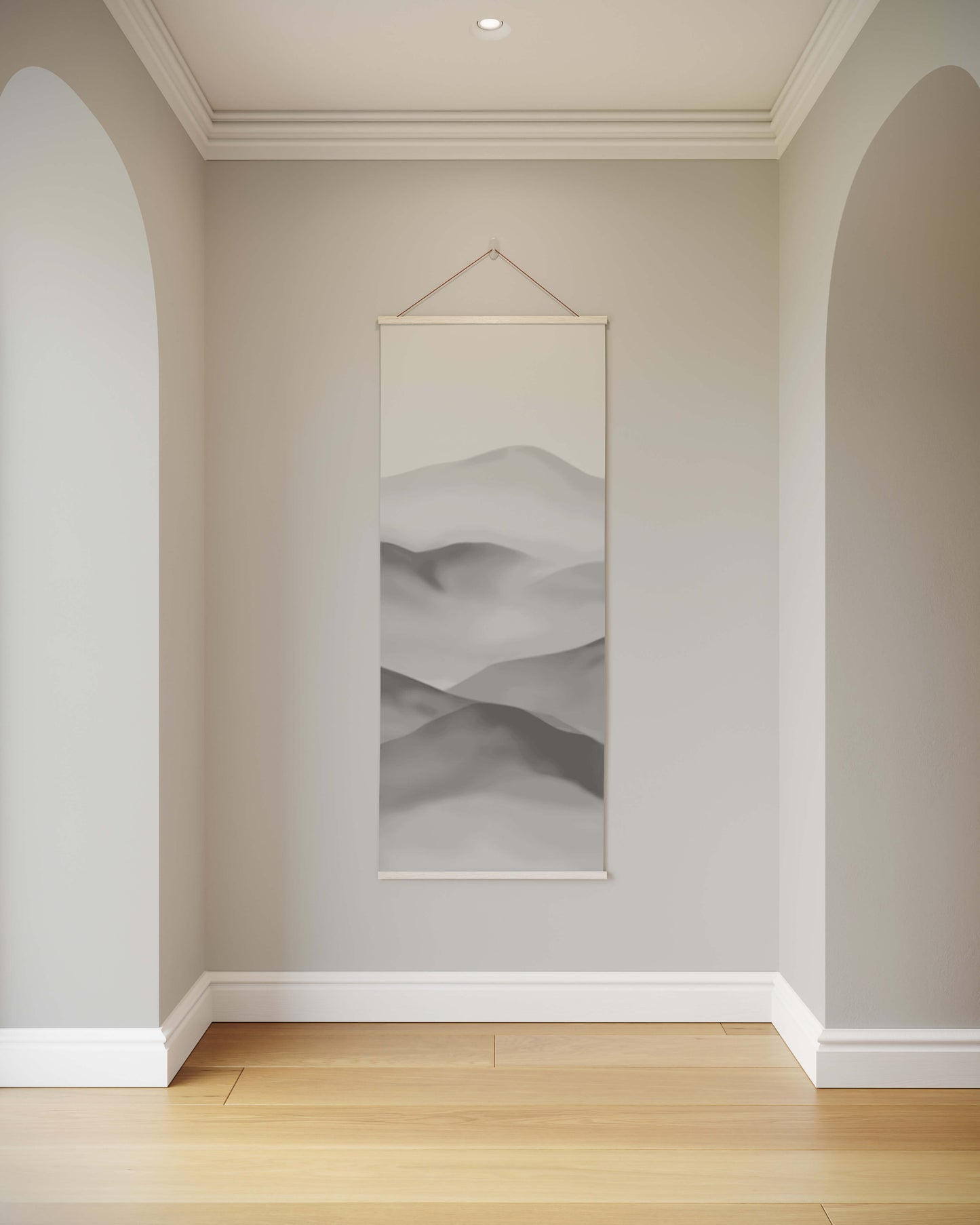 Minimalist interior with a wall art piece depicting wavy patterns on a plain wall.