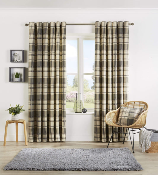 Check Pattern Curtains with Matching Cushion Covers Premium Polyester Cotton Blend Eyelet Ring Top Ochre Grey Various Sizes for Bedrooms and Living Rooms by OLIVIA ROCCO