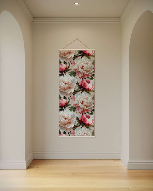 Floral tapestry hanging on a wall in a room with wooden flooring.