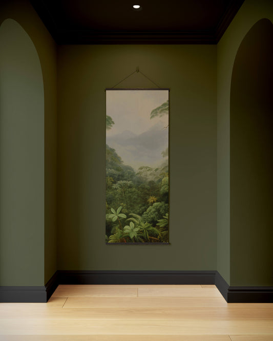 Tropical forest painting on a green wall in a dimly lit room.