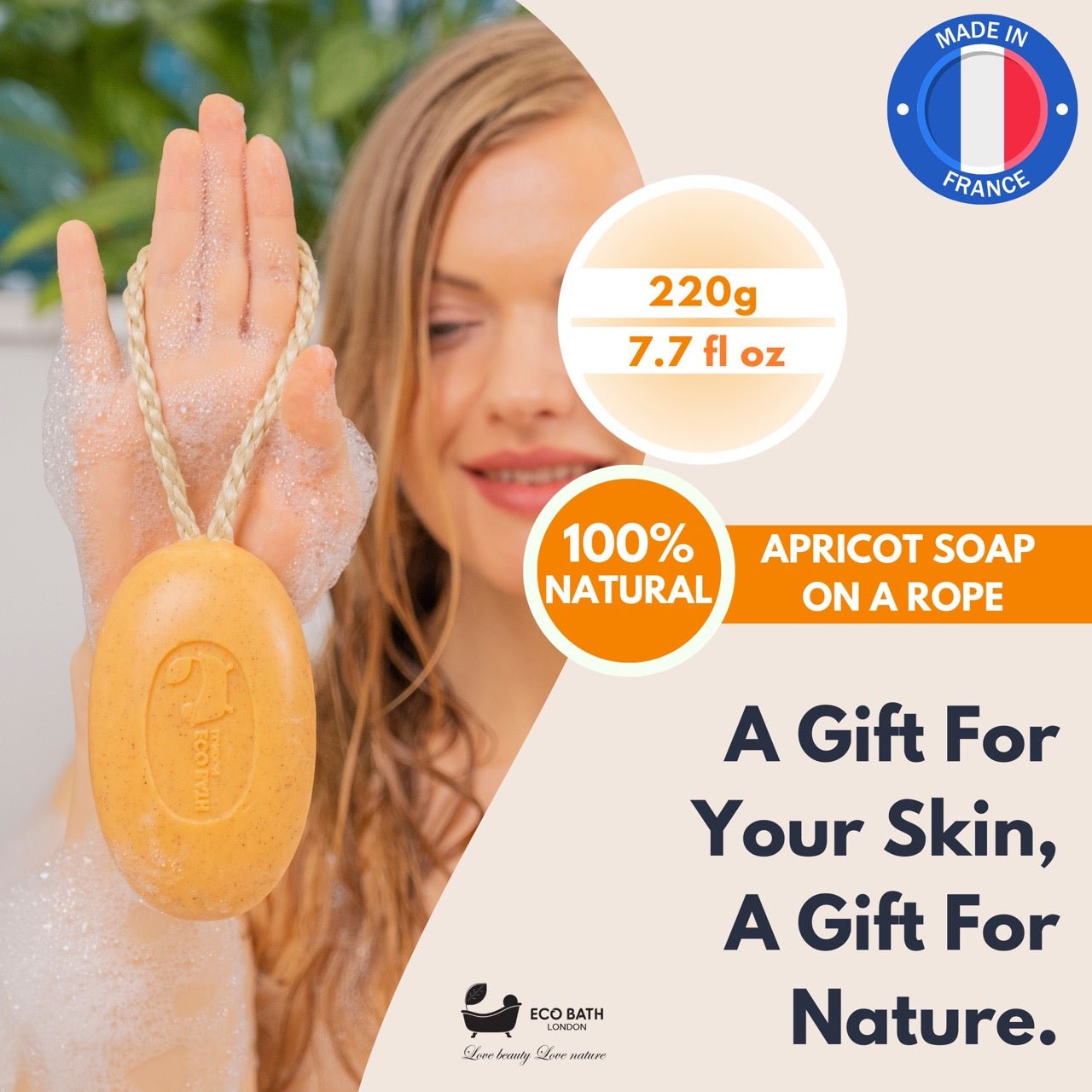 Eco Bath London Apricot Soap on a Rope 220g- Luxury Eco-Friendly Apricot Soap Bar