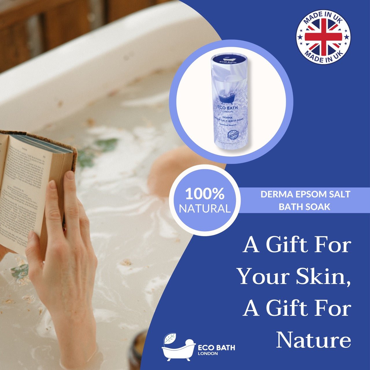 Person reading a book in a bathtub with ECO Bath Derma Epsom Salt Bath Soak, featuring the brand's logo and text.