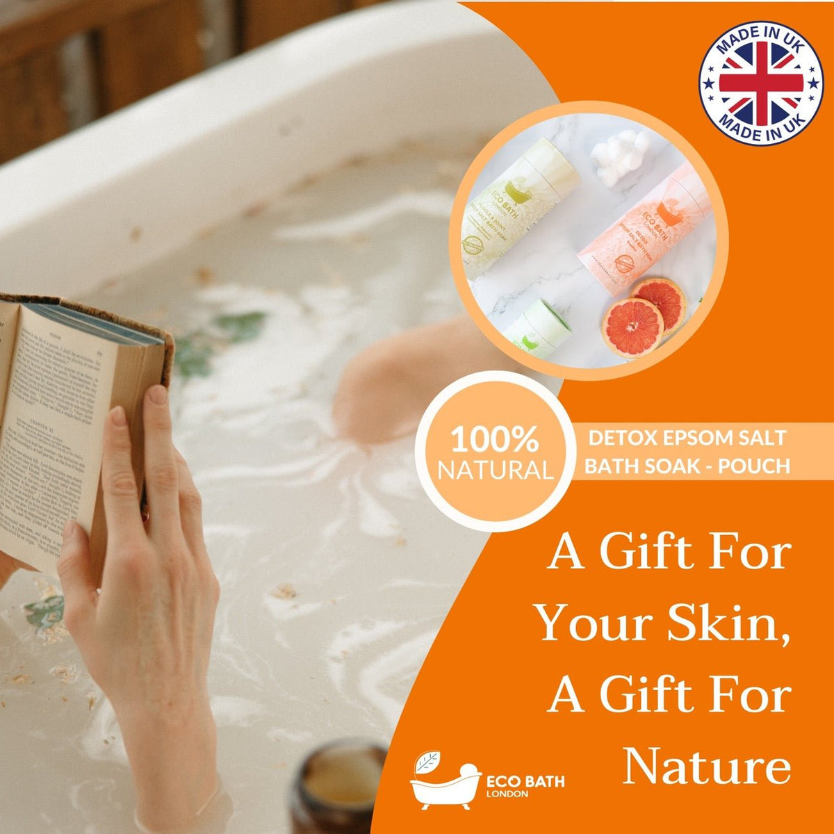 Person reading a book in a bathtub with Epsom salt and bath products, featuring Eco Bath London branding.