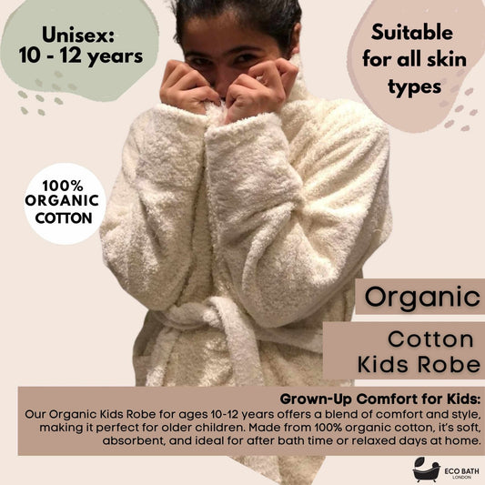 Eco Bath London Organic Cotton Kids Robe (10-12 Years) - Hooded, 100% Certified Organic Cotton