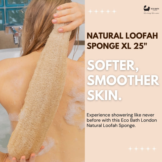 Person using a loofah sponge with text about Eco Bath London product.