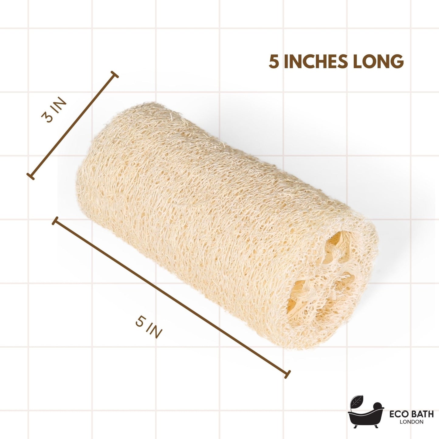 Beige loofah sponge with measurements on a grid background, featuring the Eco Bath London logo.