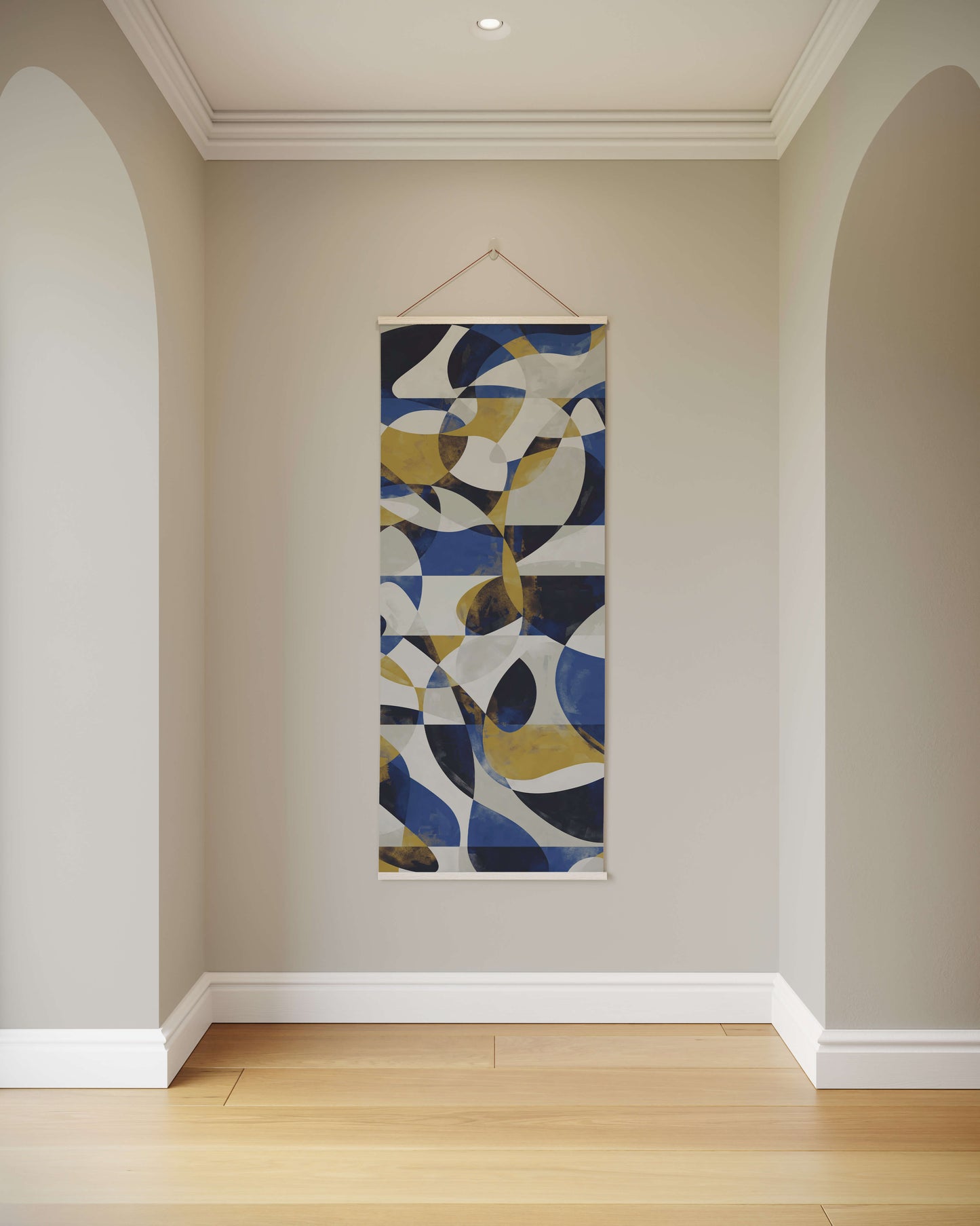 Abstract wall art hanging on a neutral wall with wooden flooring
