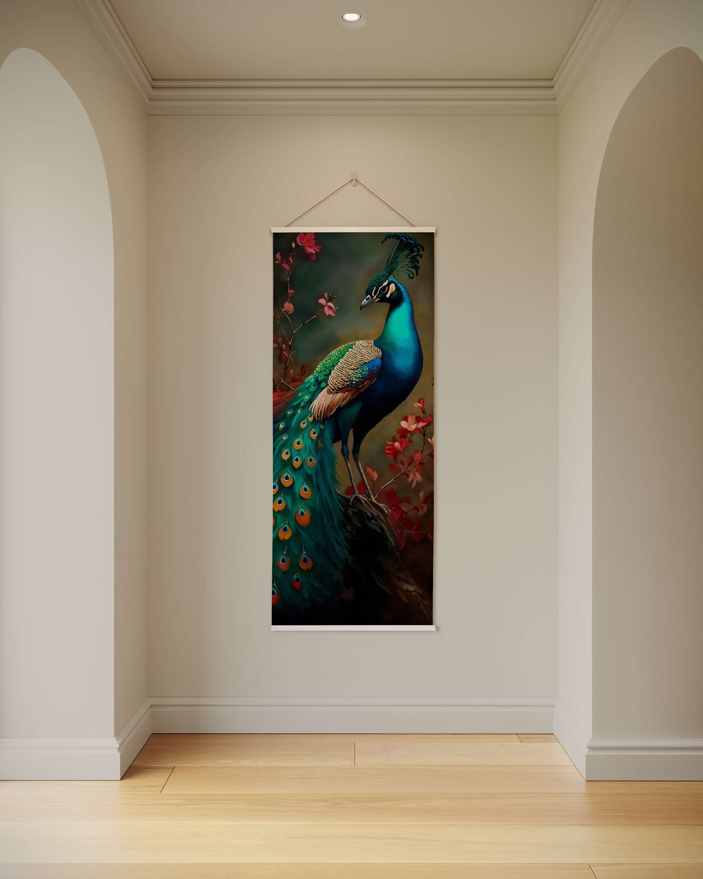 Peacock painting hanging on a wall in a room with wooden flooring.
