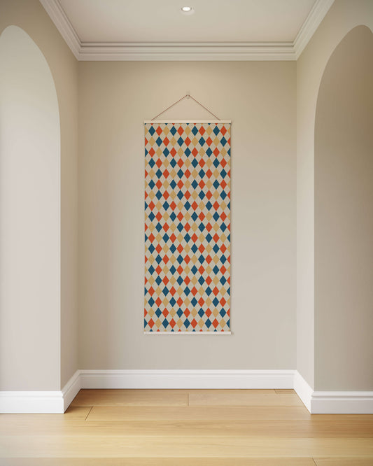 Decorative wall hanging with a geometric pattern on a plain wall.