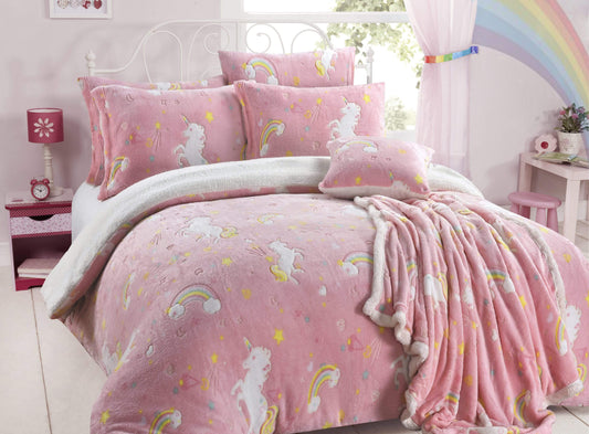 Olivia Rocco Kids Rainbow Unicorn Glow in the Dark Teddy Fleece Duvet Cover Set