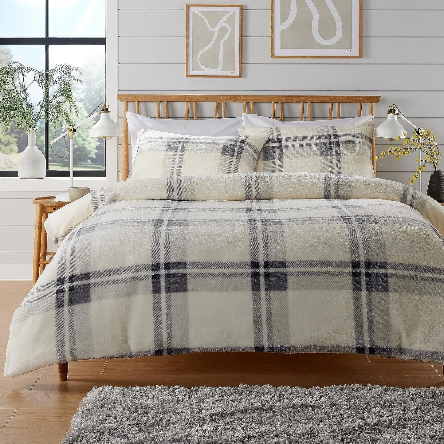 Olivia Rocco Orkney Check Fleece Duvet Cover Set with Pillowcases in Grey Green