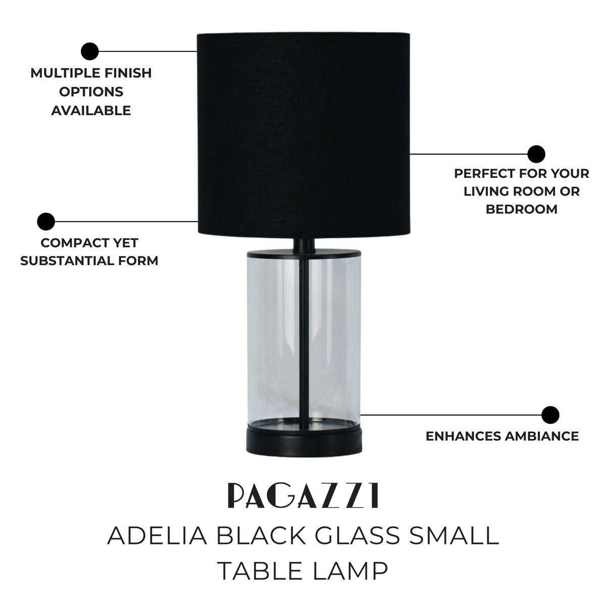 Pagazzi Adelia Small Glass Table Lamp with Black Shade 50 cm