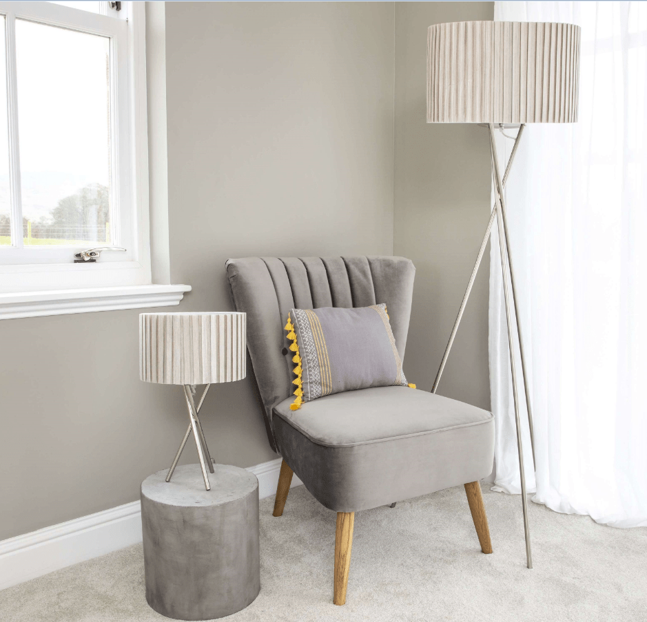 Pagazzi Sabella Tripod Table Lamp Satin Nickel with Taupe Shade 43 cm