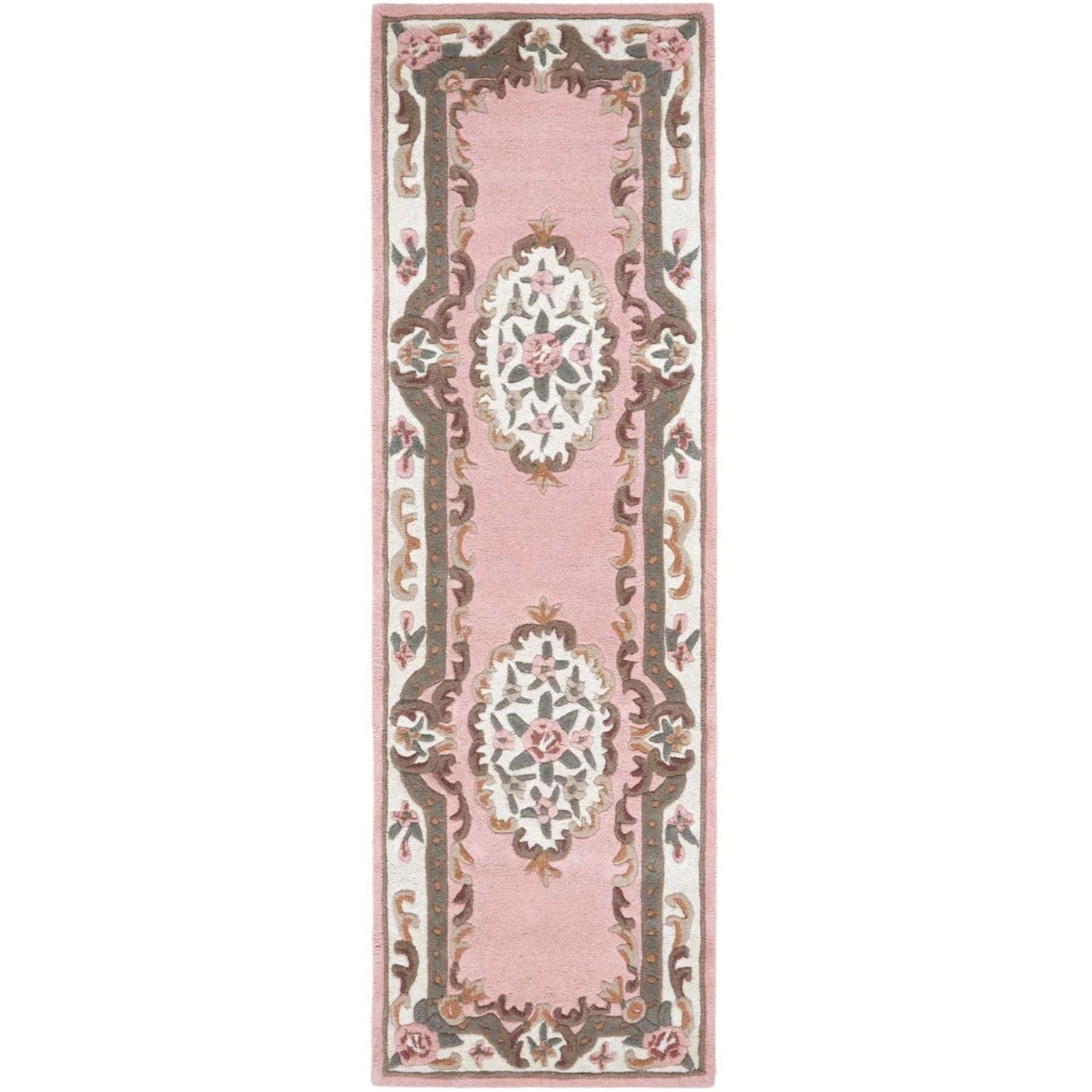 Decorative pink rug with intricate patterns on a white background