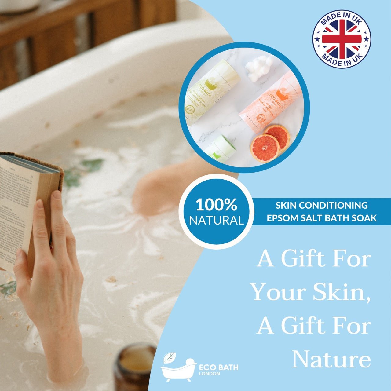 Person reading a book in a bathtub with Epsom salt bath soak products and branding elements.
