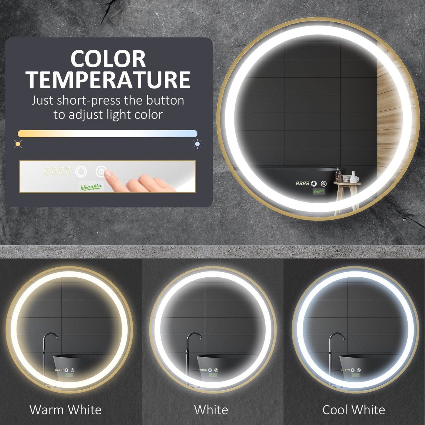 🪞 Kleankin Round LED Bathroom Mirror ✨ Illuminated Wall Mount Mirror
