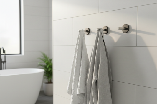 Brushed stainless steel wall-mounted bathroom hooks holding a white waffle towel and grey linen robe in a minimal spa-inspired bathroom
