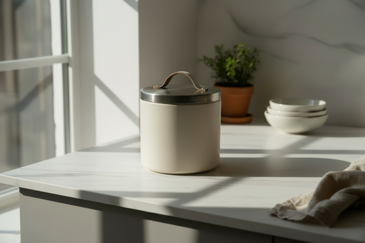 Premium stainless steel bread bin on a marble kitchen worktop — a buying guide to choosing the right bread bin by size, material and style