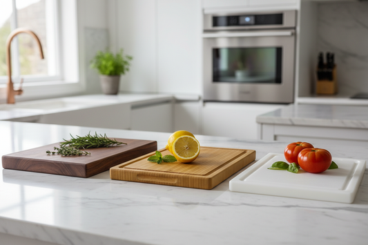 chopping boards in different materials in a modern kitchen setting