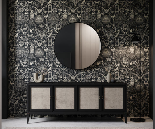 Gothic wallpaper accent wall styled with dark, moody decor