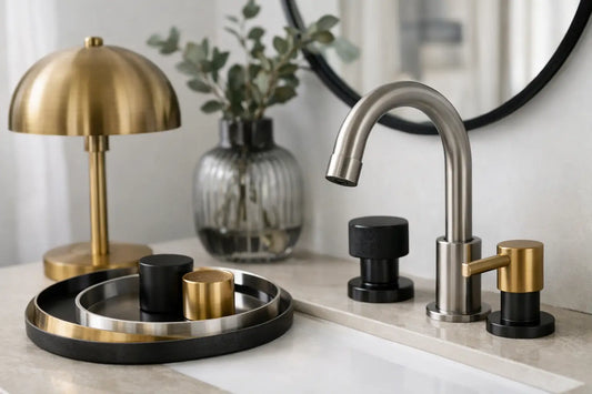 Comparison of gold, silver and black bathroom accessories in brushed and polished finishes