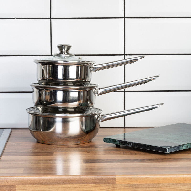 Crosse Set of 3 Mirrored Stainless Steel Saucepans with Glass Lids
