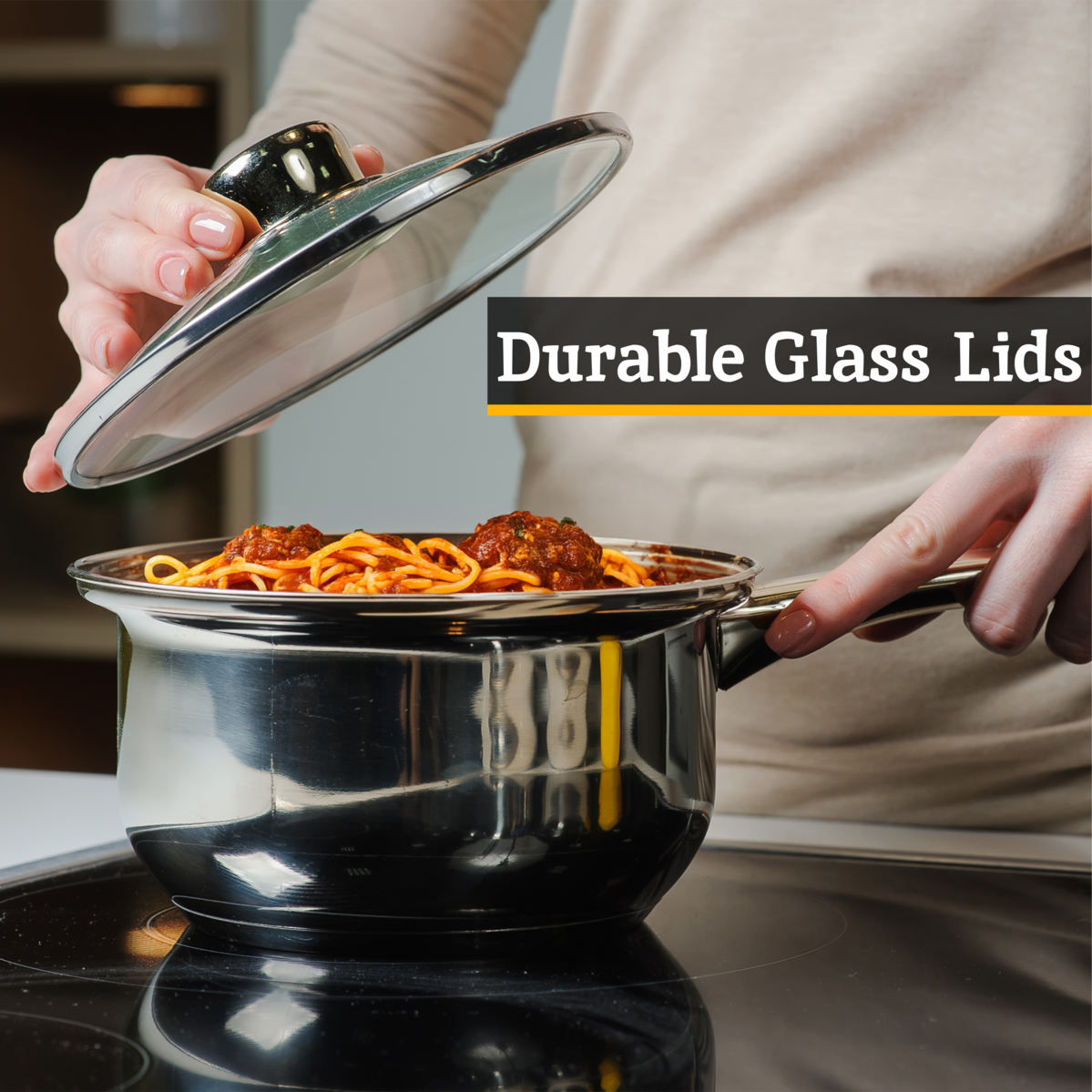 Crosse Set of 3 Mirrored Stainless Steel Saucepans with Glass Lids