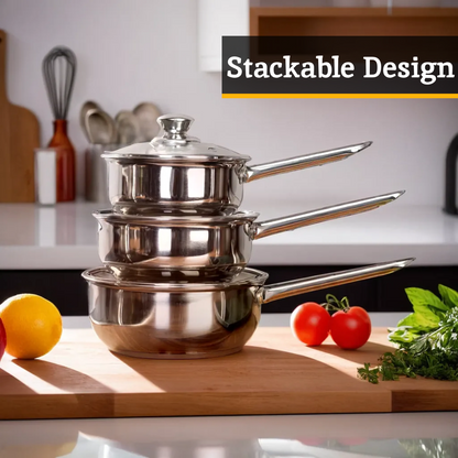 Crosse Set of 3 Mirrored Stainless Steel Saucepans with Glass Lids