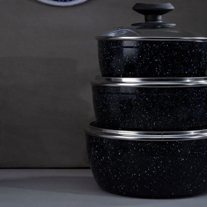 Stoneflam 16cm Black Marble Non-Stick Saucepan with Glass Lid
