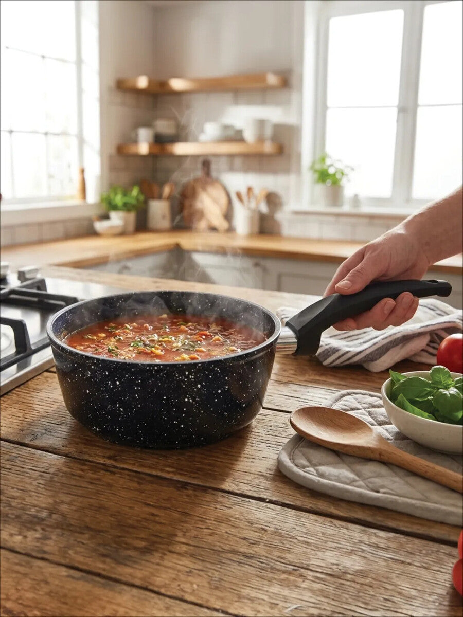 Stoneflam 18cm Black Marble Non-Stick Saucepan with Glass Lid