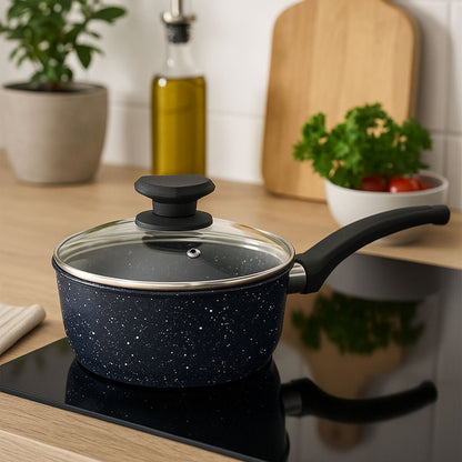 Stoneflam 18cm Black Marble Non-Stick Saucepan with Glass Lid
