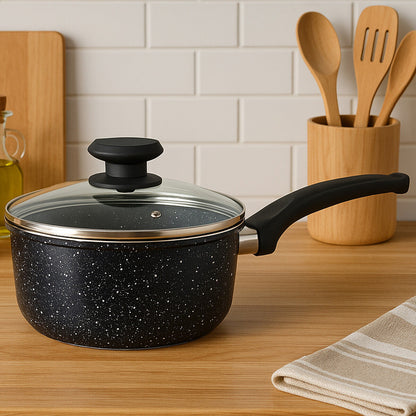 Stoneflam 20cm Black Marble Non-Stick Saucepan with Glass Lid