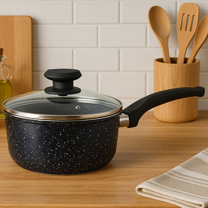 Stoneflam 20cm Black Marble Non-Stick Saucepan with Glass Lid