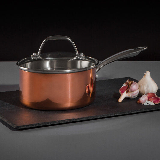 Minerva 16cm Tri-Ply Copper Finish Saucepan with Glass Lid