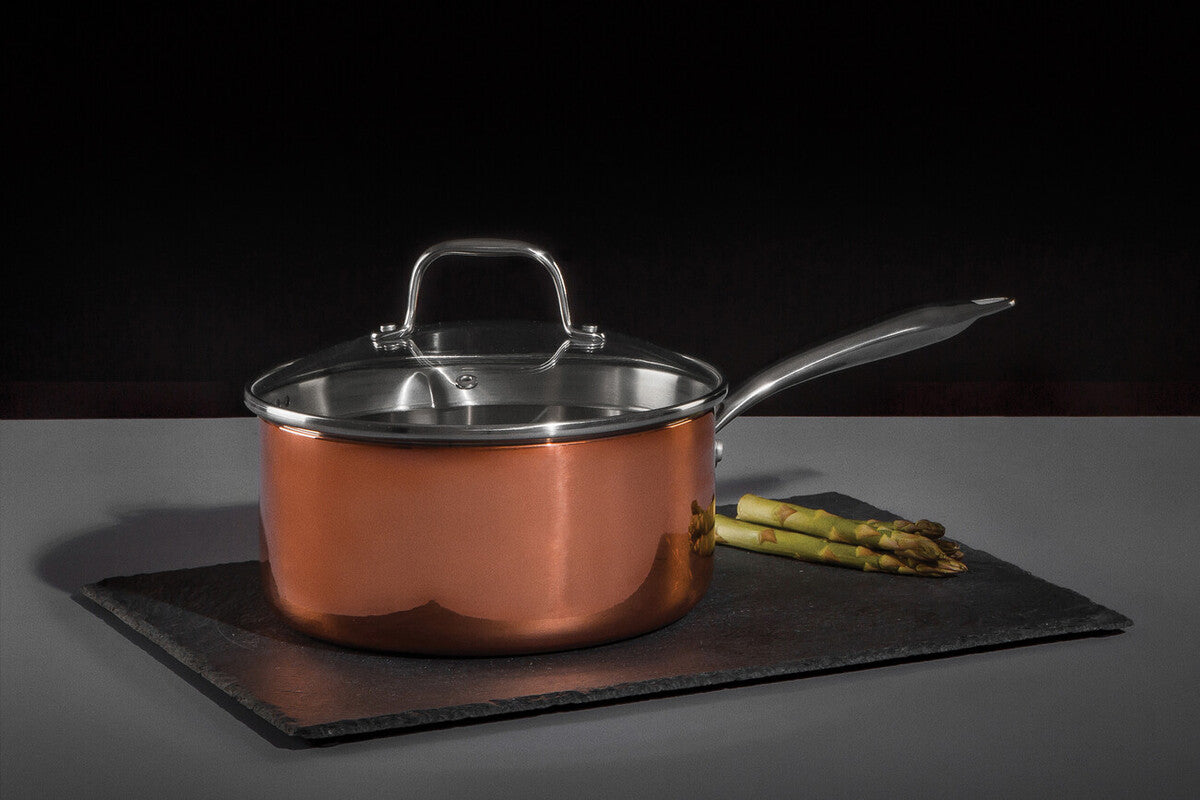 Minerva 20cm Tri-Ply Copper Finish Saucepan with Glass Lid