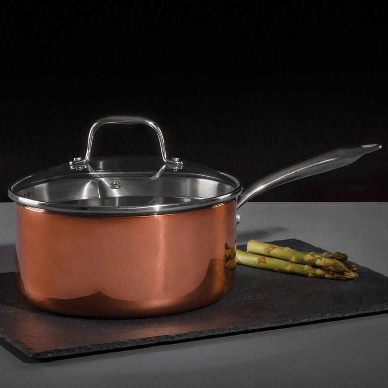 Minerva 20cm Tri-Ply Copper Finish Saucepan with Glass Lid