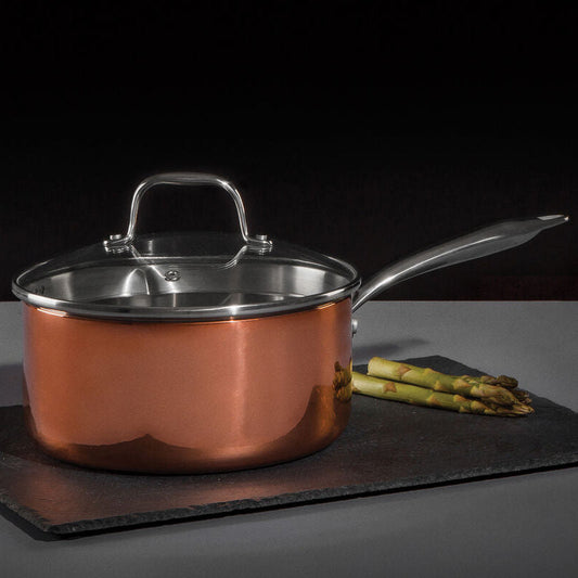 Minerva 20cm Tri-Ply Copper Finish Saucepan with Glass Lid