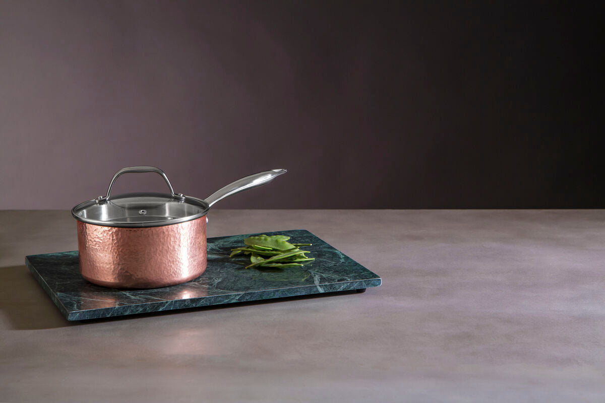 Minerva 16cm Hammered Copper Finish Saucepan with Glass Lid