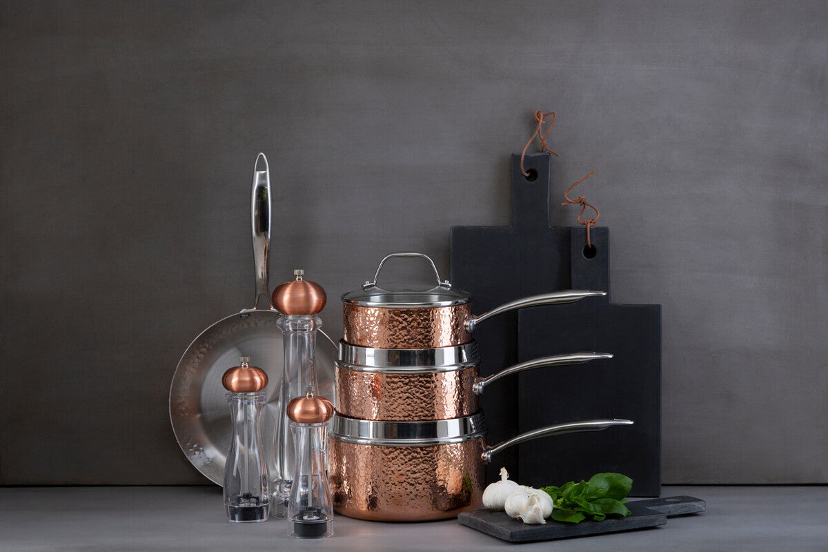 Minerva 16cm Hammered Copper Finish Saucepan with Glass Lid