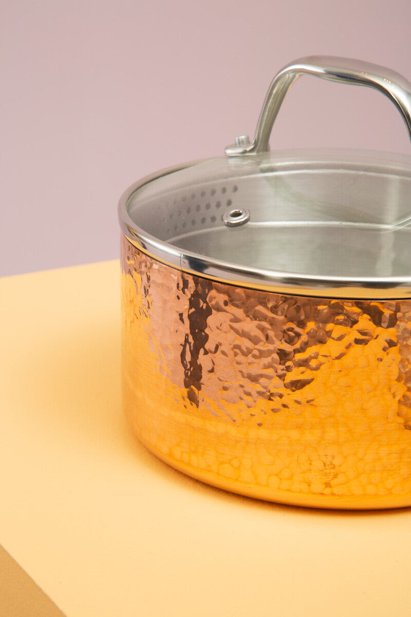 Minerva 16cm Hammered Copper Finish Saucepan with Glass Lid