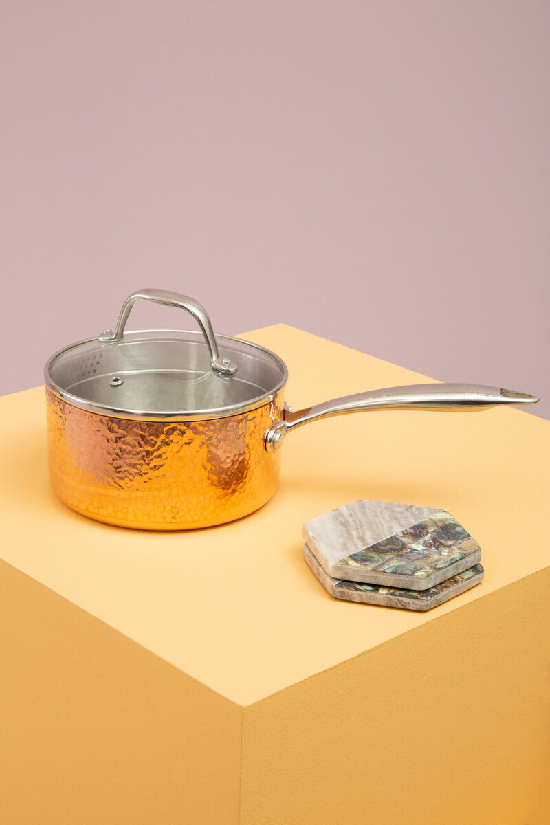 Minerva 16cm Hammered Copper Finish Saucepan with Glass Lid