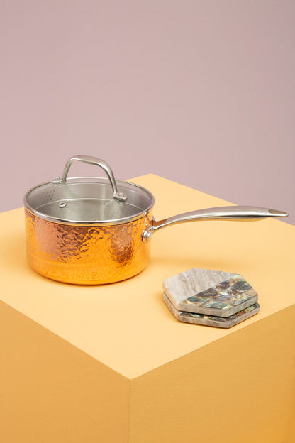 Minerva 16cm Hammered Copper Finish Saucepan with Glass Lid