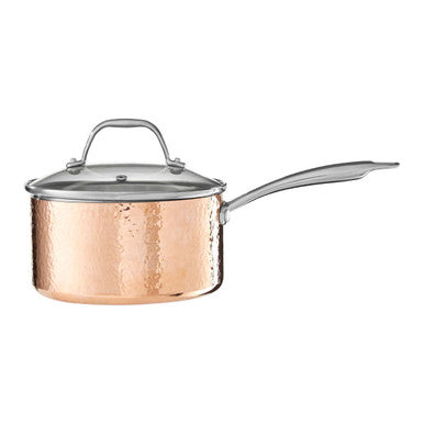 Minerva 18cm Hammered Copper Finish Saucepan with Glass Lid