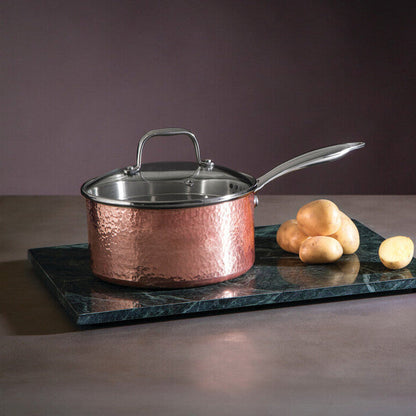 Minerva 18cm Hammered Copper Finish Saucepan with Glass Lid