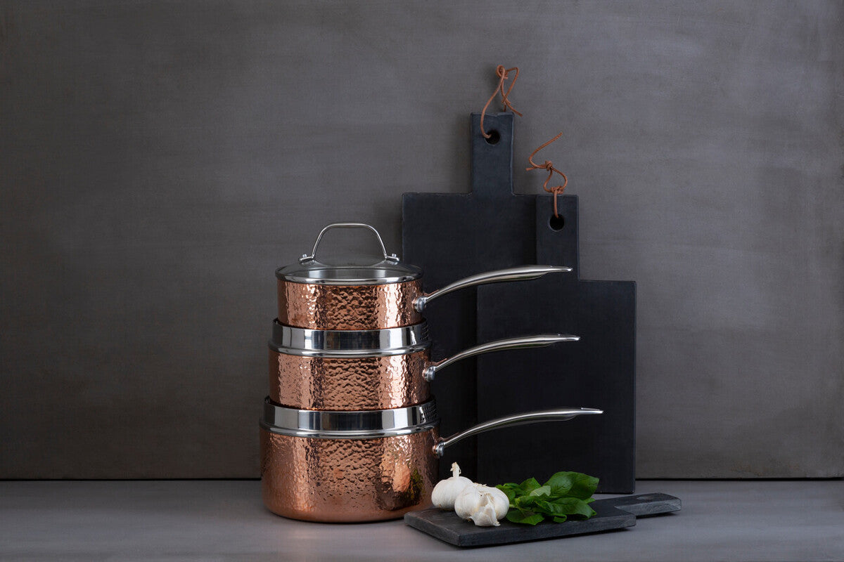 Minerva 18cm Hammered Copper Finish Saucepan with Glass Lid