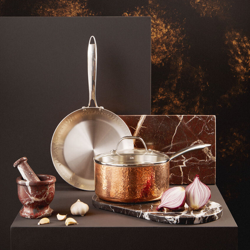 Minerva 20cm Hammered Copper Finish Saucepan with Glass Lid