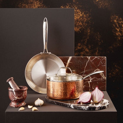 Minerva 20cm Hammered Copper Finish Saucepan with Glass Lid