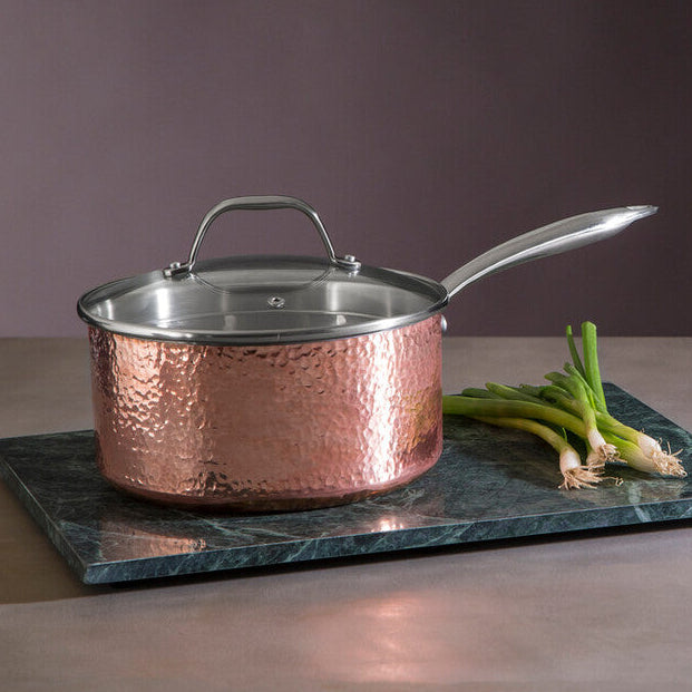 Minerva 20cm Hammered Copper Finish Saucepan with Glass Lid