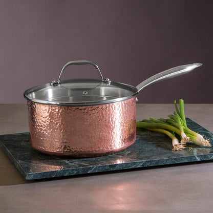 Minerva 20cm Hammered Copper Finish Saucepan with Glass Lid